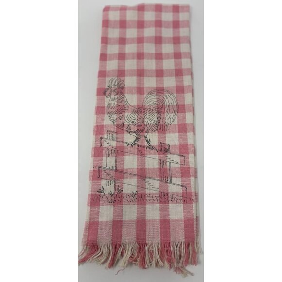 Vintage 50s Cannon Dish Towel Cotton Linen Pink And White Checkered Rooster - Picture 1 of 11